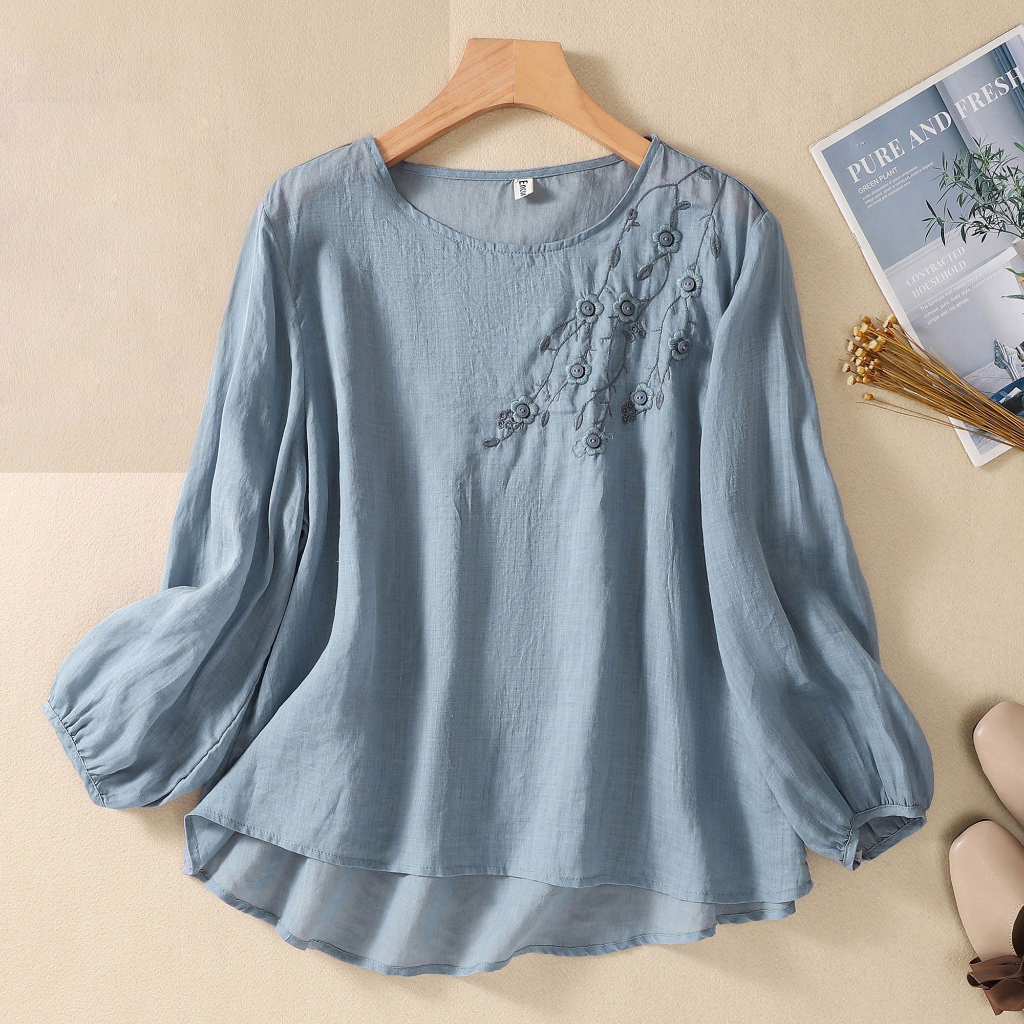 Áo kiểu trung niên nữ, mẫu áo trung niên form rộng dài tay lịch sự trang nhã B9