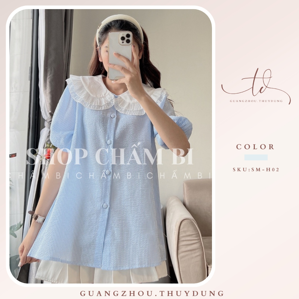 Áo sơ mi nữ babydoll tay phồng phối cổ trẳng bèo áo sơ mi nữ hàn quốc kẻ xanh tiểu thư chất xốp nhăn Guangzhou.Thuydung
