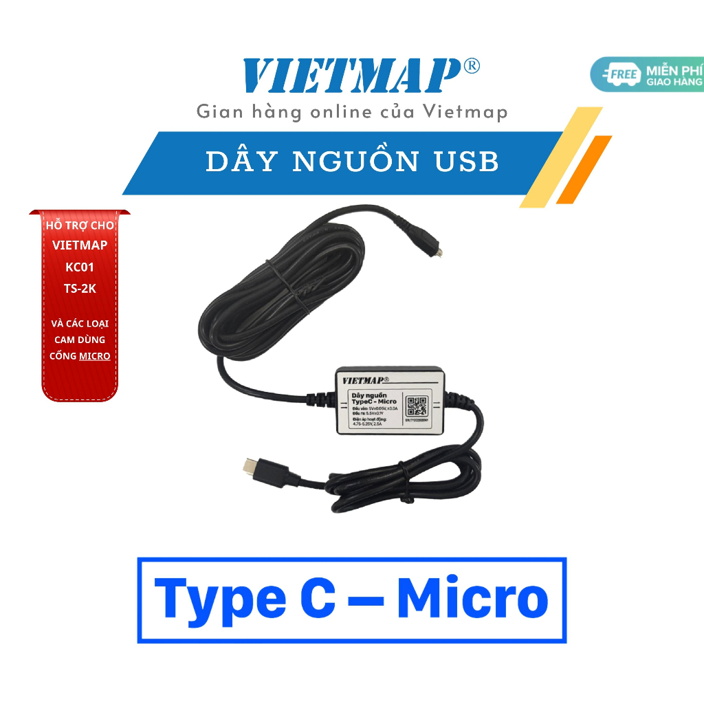 Bộ dây sạc USB cho camera hành trình Vietmap - Hàng chính hãng