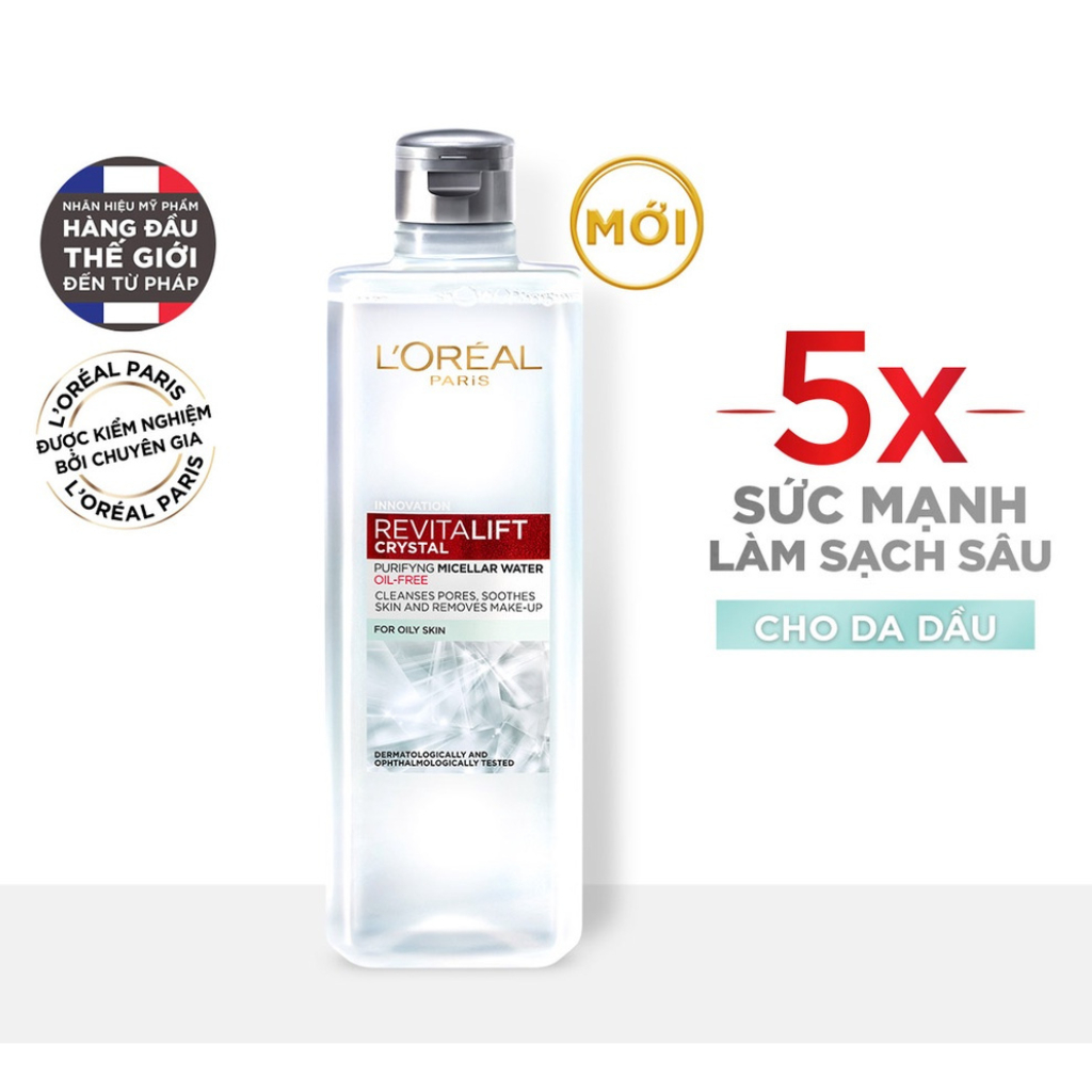 Nước Tẩy Trang L'Oréal Paris XÁM Sạch Sâu Cho Da Dầu Revitalift Crystal Purifying Micellar Water 400ml, 95mL