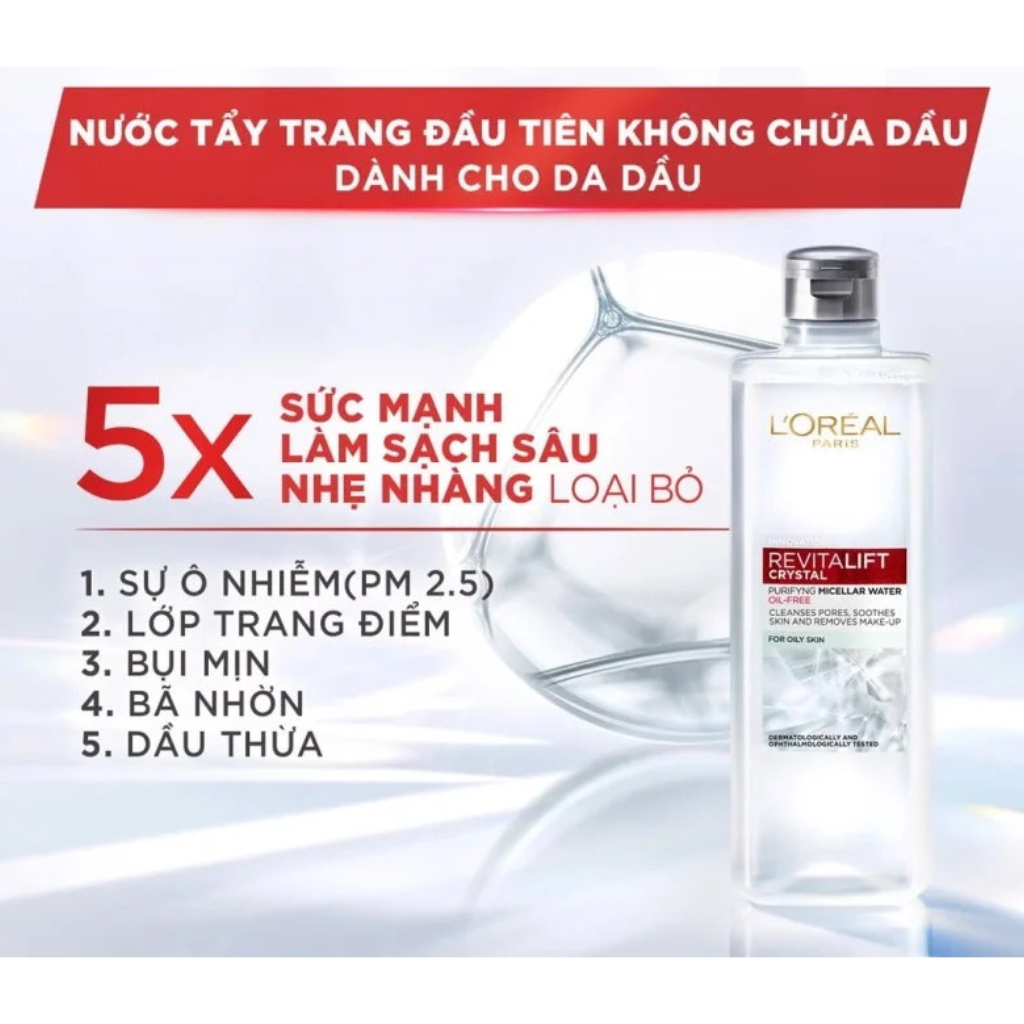 Nước Tẩy Trang L'Oréal Paris XÁM Sạch Sâu Cho Da Dầu Revitalift Crystal Purifying Micellar Water 400ml, 95mL