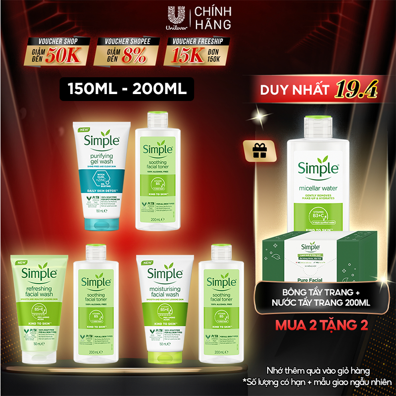 Combo Simple Sữa rửa mặt 150ml + Nước hoa hồng 200ml