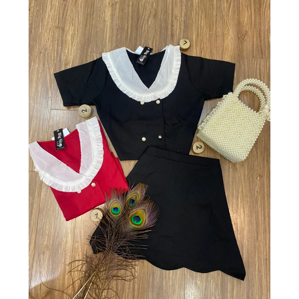 Sét Áo Cổ Sen Croptop Phối Chân Váy Răng Cưa Bigsize Quỳnh Anh Từ 50kg Đến 100kg (M/L/XL/XXL)(Đồ Tết)(Sét Bộ)