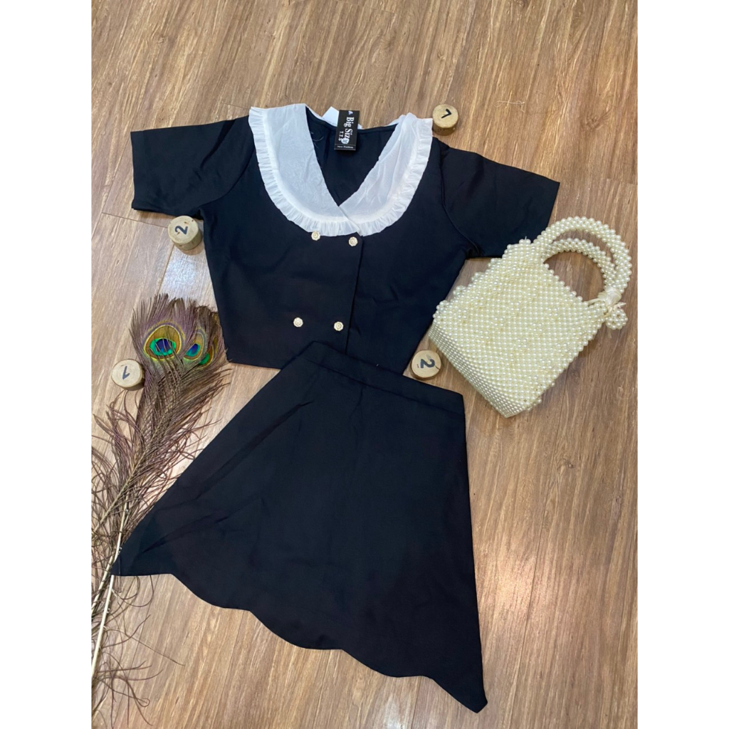 Sét Áo Cổ Sen Croptop Phối Chân Váy Răng Cưa Bigsize Quỳnh Anh Từ 50kg Đến 100kg (M/L/XL/XXL)(Đồ Tết)(Sét Bộ)