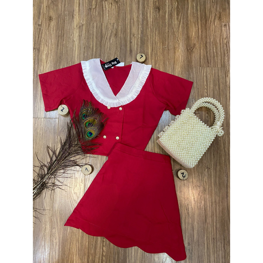 Sét Áo Cổ Sen Croptop Phối Chân Váy Răng Cưa Bigsize Quỳnh Anh Từ 50kg Đến 100kg (M/L/XL/XXL)(Đồ Tết)(Sét Bộ)