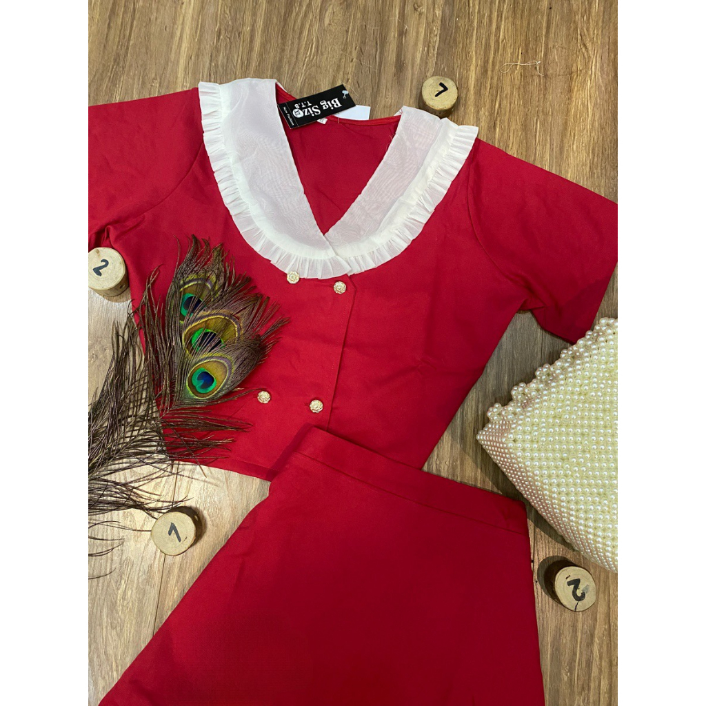 Sét Áo Cổ Sen Croptop Phối Chân Váy Răng Cưa Bigsize Quỳnh Anh Từ 50kg Đến 100kg (M/L/XL/XXL)(Đồ Tết)(Sét Bộ)