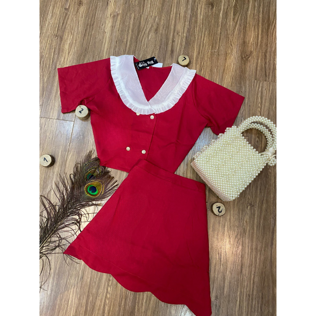 Sét Áo Cổ Sen Croptop Phối Chân Váy Răng Cưa Bigsize Quỳnh Anh Từ 50kg Đến 100kg (M/L/XL/XXL)(Đồ Tết)(Sét Bộ)