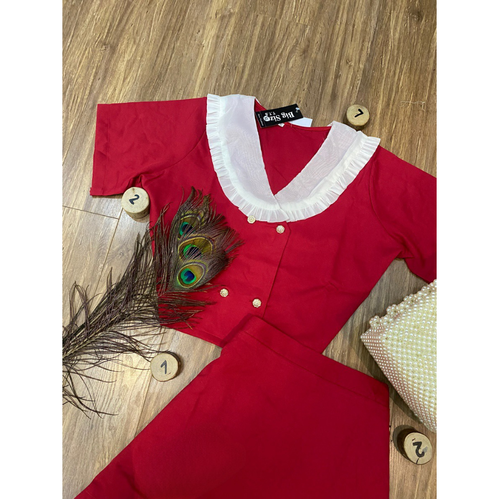 Sét Áo Cổ Sen Croptop Phối Chân Váy Răng Cưa Bigsize Quỳnh Anh Từ 50kg Đến 100kg (M/L/XL/XXL)(Đồ Tết)(Sét Bộ)