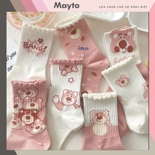 Tất vớ nữ cổ cao gấu dâu Lotso vải cotton co giãn thoáng khí phối màu dễ thương V-04 – MayTo
