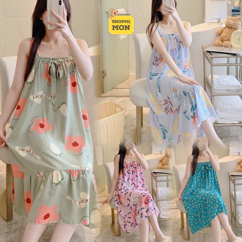 Váy Mặc Nhà, Đầm Mặc Nhà Chất Vải Lanh Mát Kiểu 2 Dây Bảng To ( Bầu Mặc Được)
