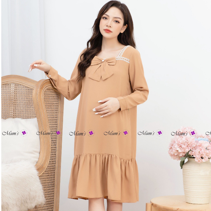 Đầm bầu xinh Mum's shop VV270 màu nude dễ thương, đính nơ xinh xắn, mẹ bầu diện thoải mái