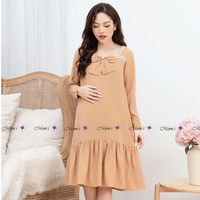 Đầm bầu xinh Mum's shop VV270 màu nude dễ thương, đính nơ xinh xắn, mẹ bầu diện thoải mái
