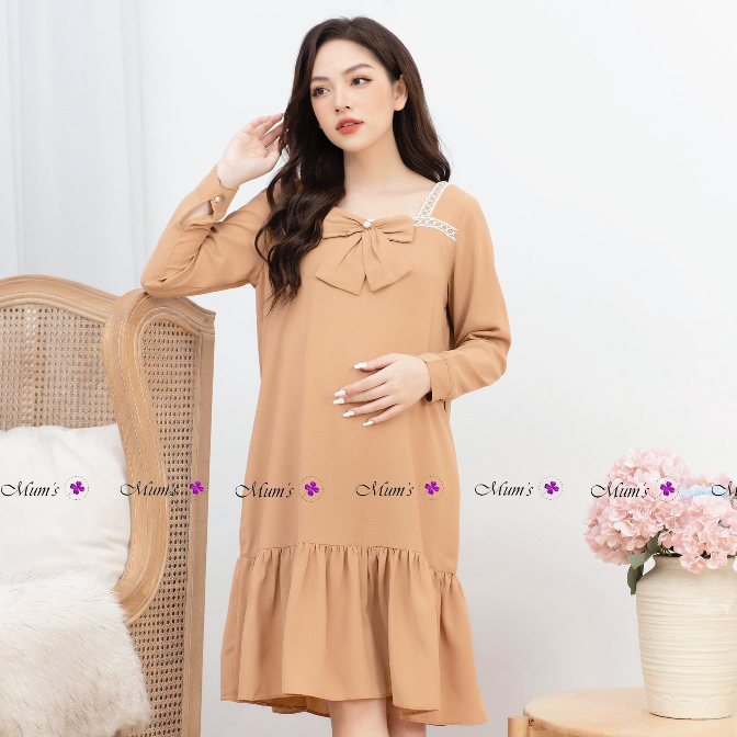 Đầm bầu xinh Mum's shop VV270 màu nude dễ thương, đính nơ xinh xắn, mẹ bầu diện thoải mái