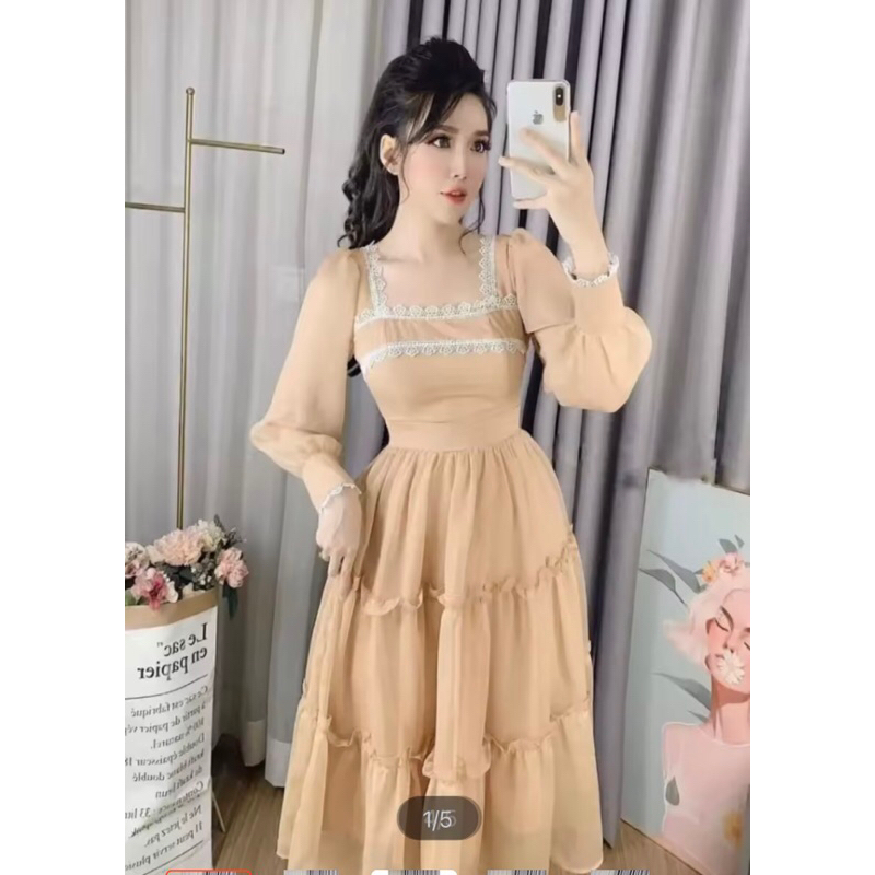 Váy nude dài cổ vuông tay lỡ , chụp kỉ yếu, maxi đi biển free size 43kg-55kg( ảnh thật trải sàn tay ngắn )