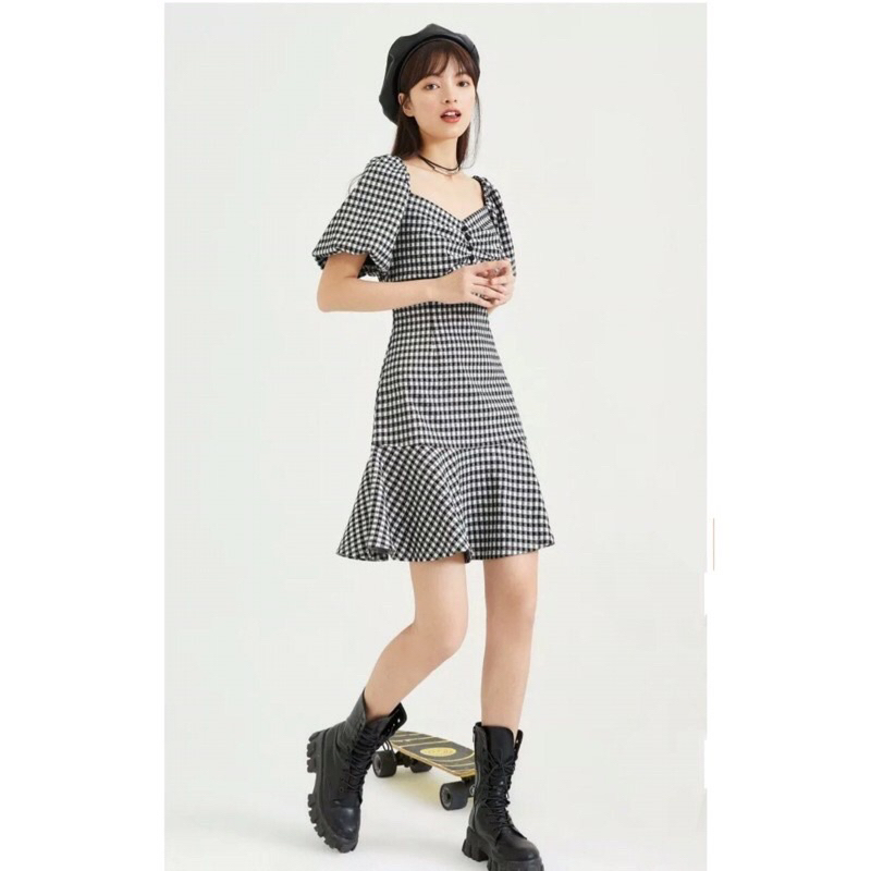 Váy đầm Vero Moda tay bồng kẻ caro đen trắng 2 lớp new 100%