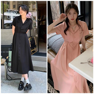 Đầm sơ mi túi mổ thun eo 2 màu