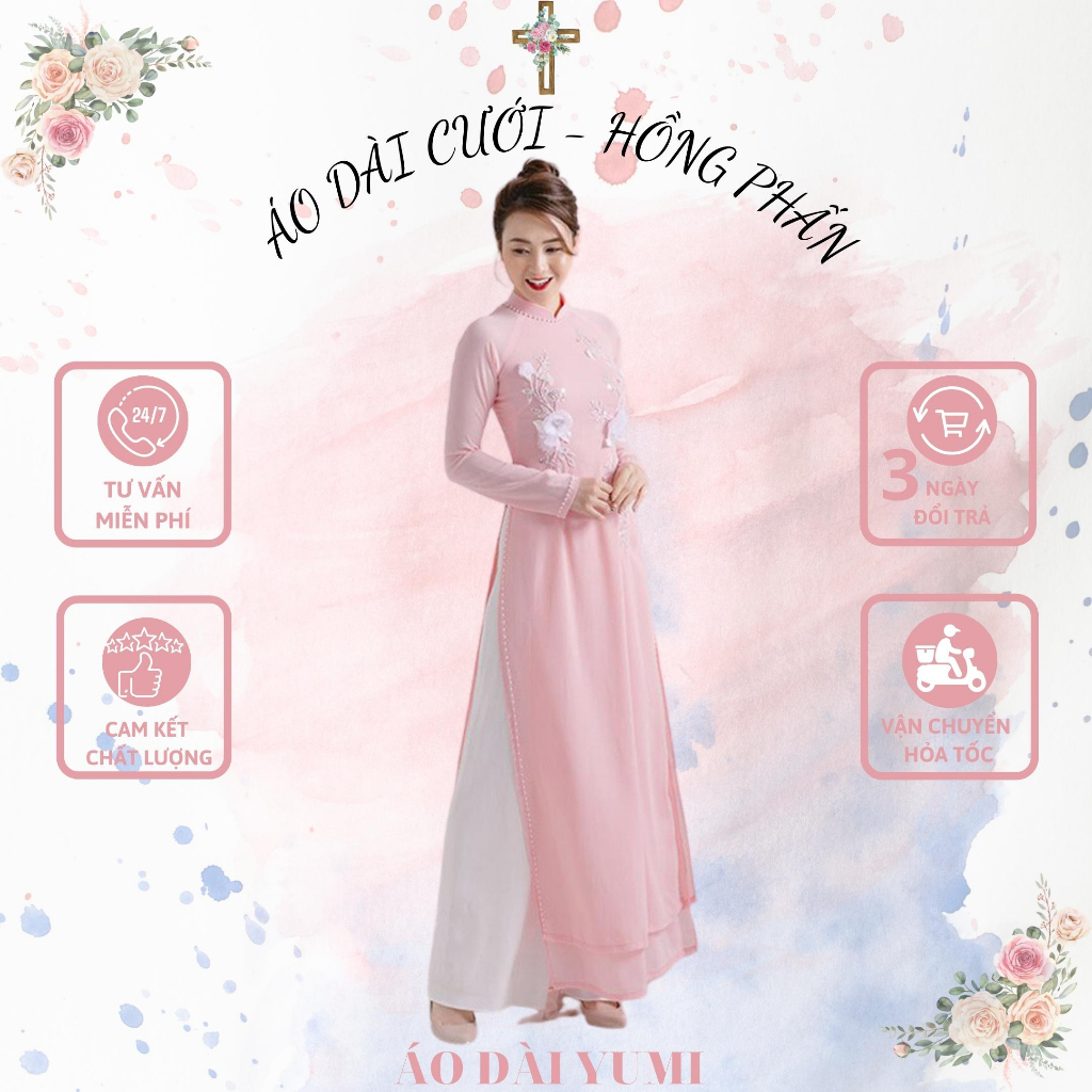Áo Dài Cách Tân, Thiết Kế Hoa Đối Xứng, Chất Liệu Lụa Tafta Màu Hồng Pastel Kèm Quần YUMI Design Thông tin sản phẩm: Á