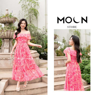 Váy trễ vai, đầm xòe thiết kế thắt eo dáng dài sang chảnh chất tơ họa tiết cao cấp MV248 Moon