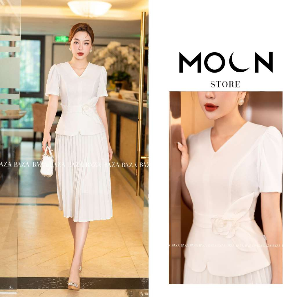 Áo sơ mi chân váy công sở bán lẻ, áo dáng ngắn chất xước nhung mix chân váy chéo lỳ ly dài basic BA384-MCV364 Moon