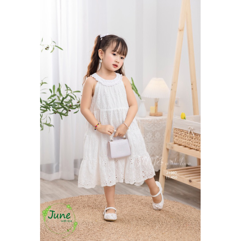 Váy Đầm bé gái thô thêu trắng siêu sang xinh cho bé