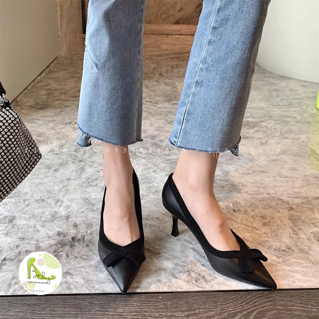 806 Bely. Shoes_Bal hãng JIAMANNI, giày bal mũi nhọn phối nơ tinh tế gót nhọn cao 7cm, hàng QCCC