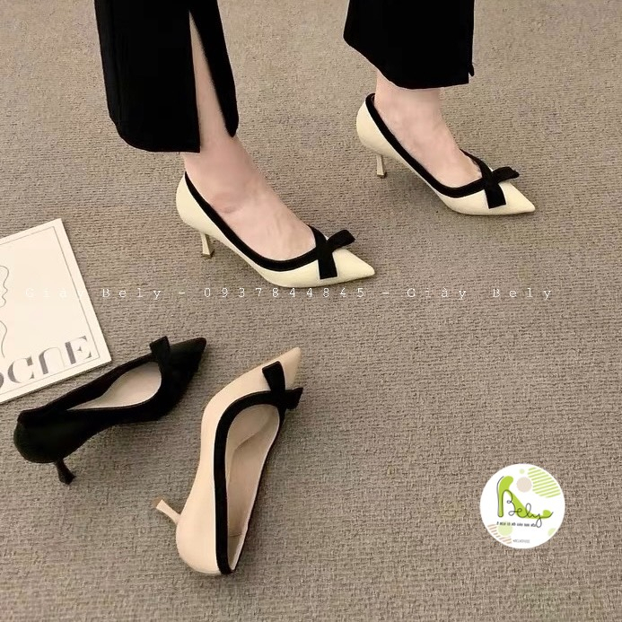 806 Bely. Shoes_Bal hãng JIAMANNI, giày bal mũi nhọn phối nơ tinh tế gót nhọn cao 7cm, hàng QCCC