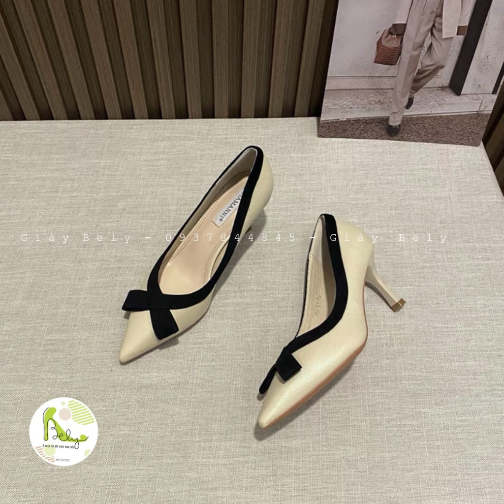 806 Bely. Shoes_Bal hãng JIAMANNI, giày bal mũi nhọn phối nơ tinh tế gót nhọn cao 7cm, hàng QCCC