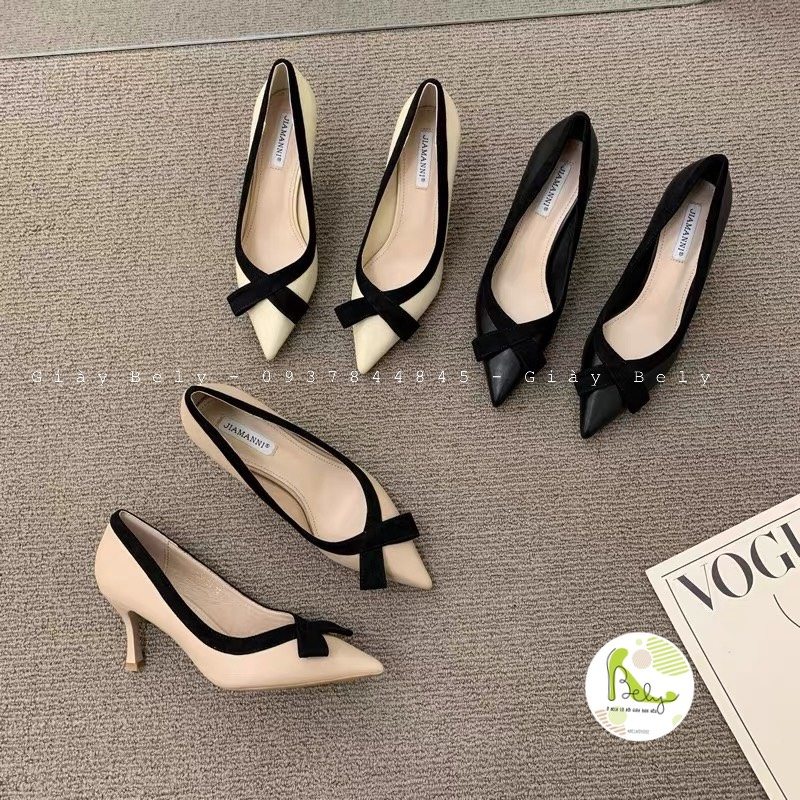 806 Bely. Shoes_Bal hãng JIAMANNI, giày bal mũi nhọn phối nơ tinh tế gót nhọn cao 7cm, hàng QCCC