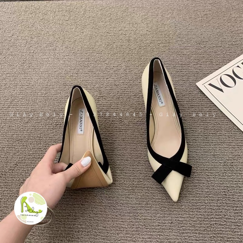 806 Bely. Shoes_Bal hãng JIAMANNI, giày bal mũi nhọn phối nơ tinh tế gót nhọn cao 7cm, hàng QCCC