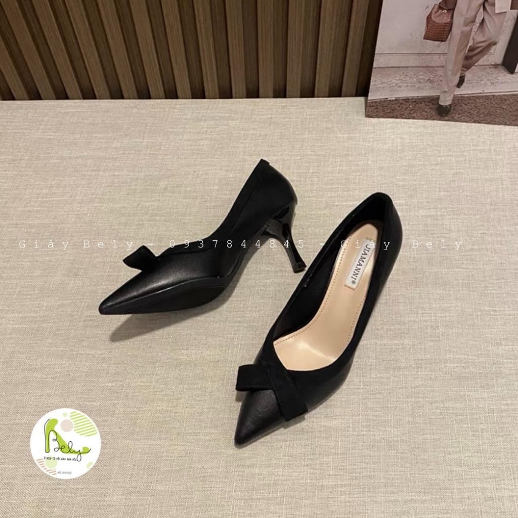 806 Bely. Shoes_Bal hãng JIAMANNI, giày bal mũi nhọn phối nơ tinh tế gót nhọn cao 7cm, hàng QCCC