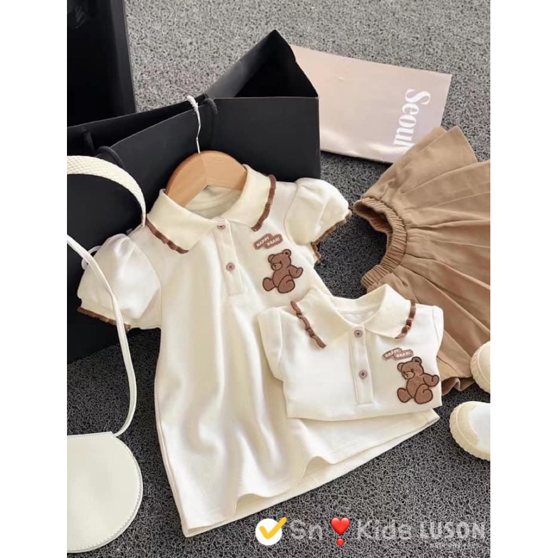Set áo gấu cv xếp ly nâu cho bé gái