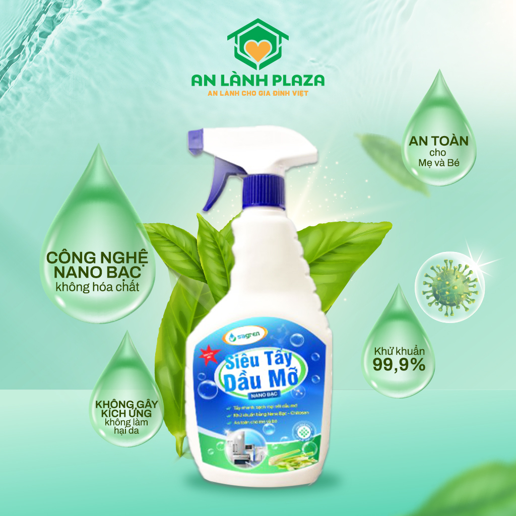 Xịt tẩy rửa dầu mỡ nano bạc Sagren (500ml) phân phối An Lành Plaza không hóa chất, khử khuẩn, khử mùi cực đại