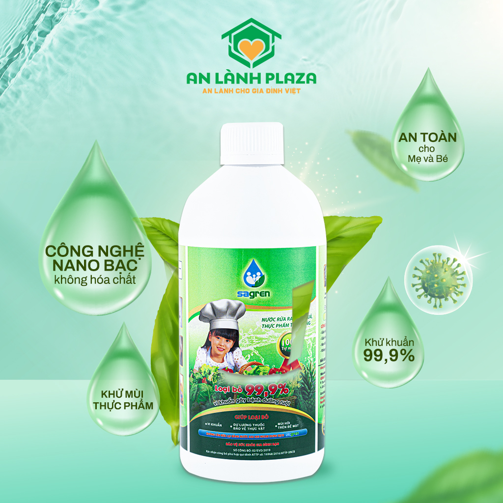 Nước rửa rau củ quả hữu cơ Sagren An Lành Plaza 500ml, nước ngâm rửa thực phẩm an toàn cho bé