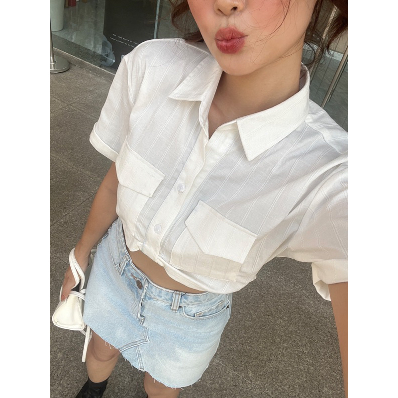 Áo sơ mi nữ croptop kiểu trắng REVERCLOTHINGS Sanita Top