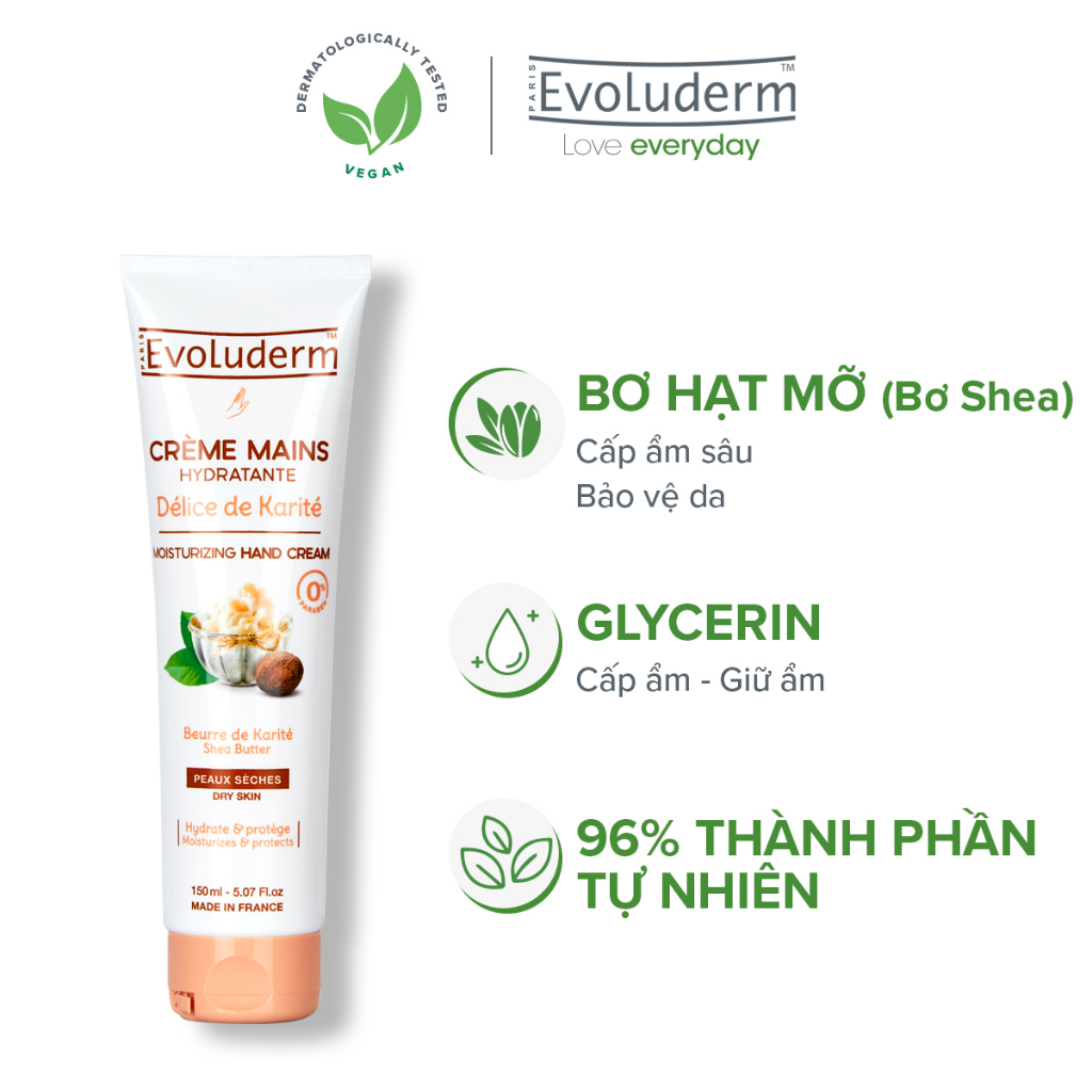 Kem dưỡng ẩm làm mềm bảo vệ da tay Evoluderm chiết xuất Bơ Hạt Mỡ Karite 150ml