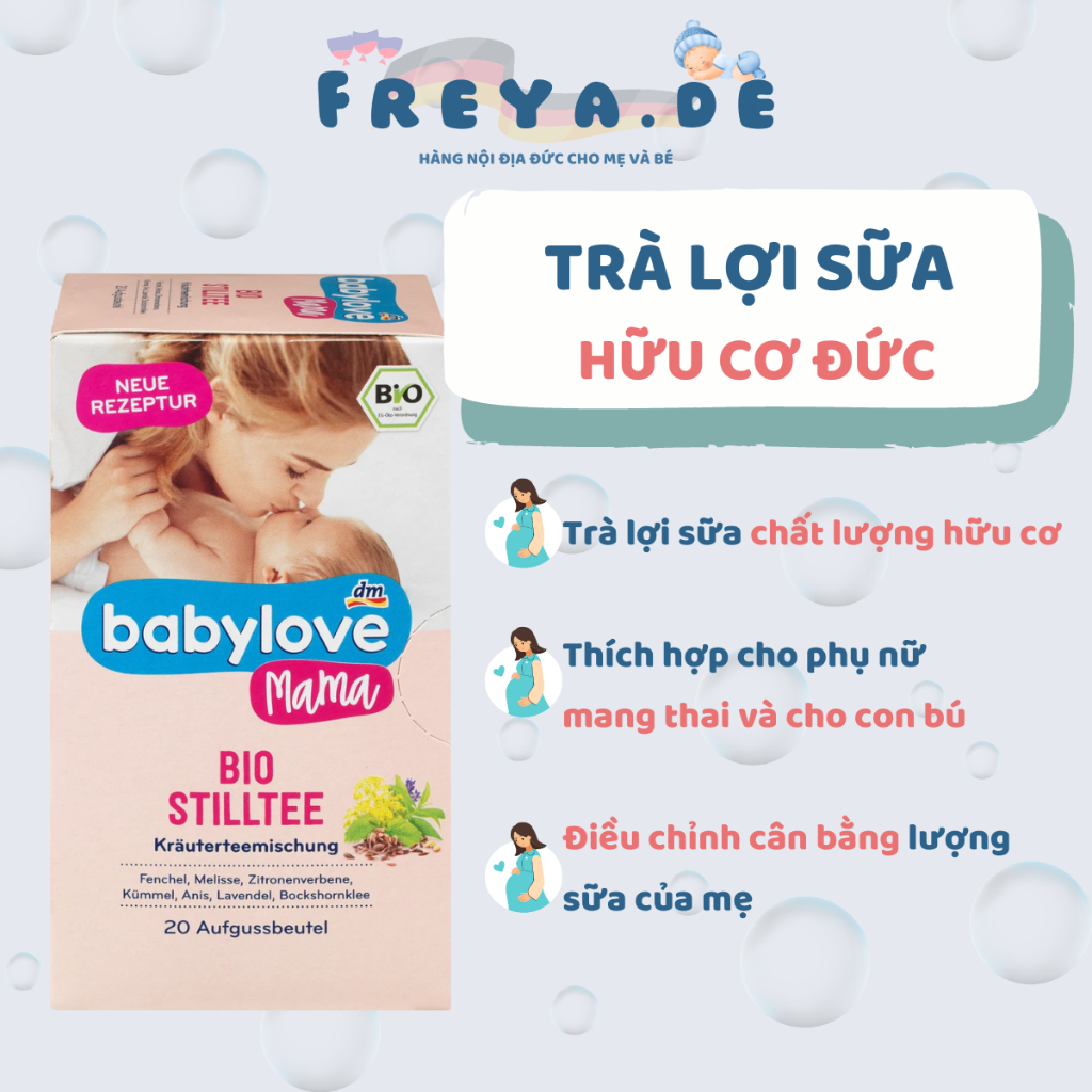 Trà lợi sữa hữu cơ Babylove Đức - Hộp 20 túi, từ nguyên liệu thảo mộc hữu cơ