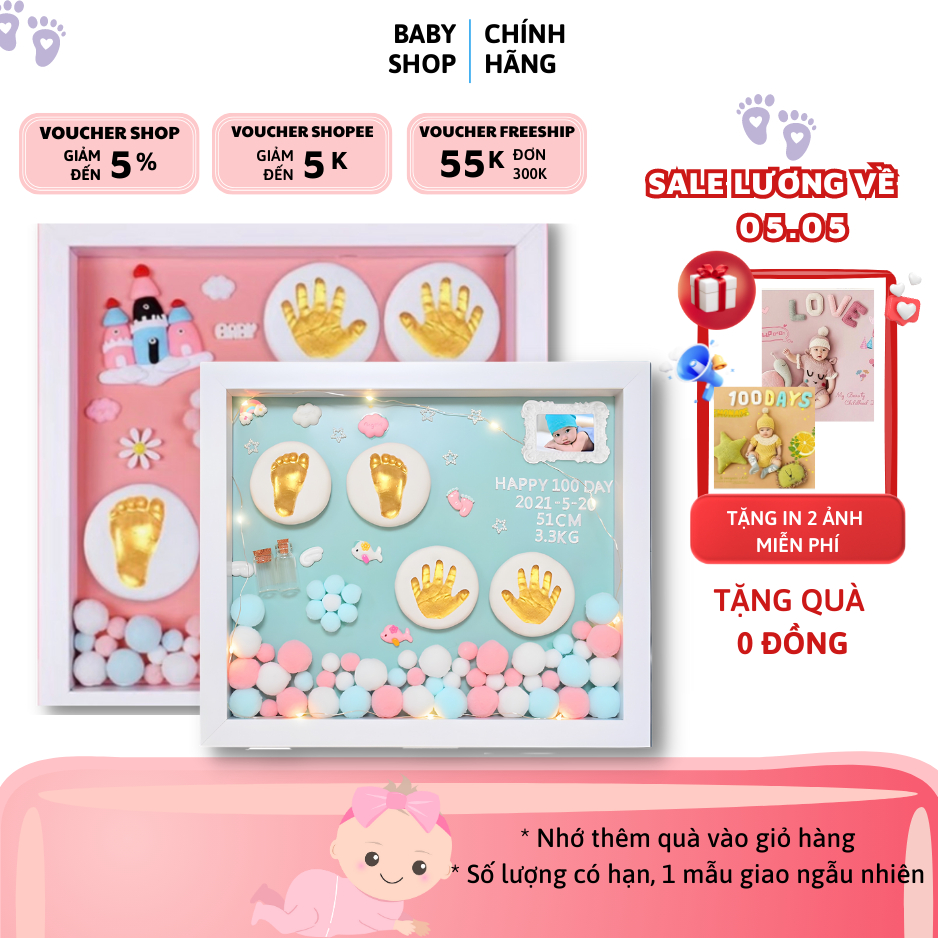 Bộ khung in dấu chân tay bé mặt kính mica khung gỗ cao cấp, Bộ in dấu chân tay bé lưu giữ khoảng khắc