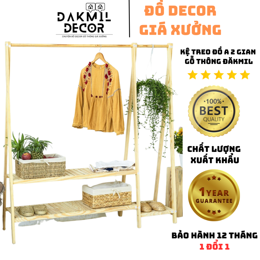 Kệ Treo Quần Áo 2 Tầng Đôi Gỗ Thông Không Mối Mọt- ĐĂKMIL DECOR