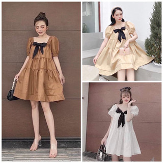 Đầm váy freesize babydoll tầng nơ đen 3 màu
