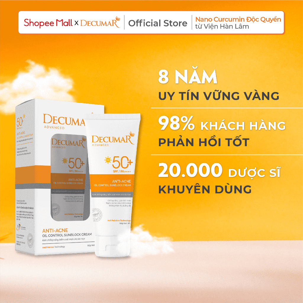 Kem Chống Nắng Ngăn Ngừa Mụn Decumar Advanced 50g, kiểm soát nhờn, thẩm thấu nhanh, SPF 50+, PA++++