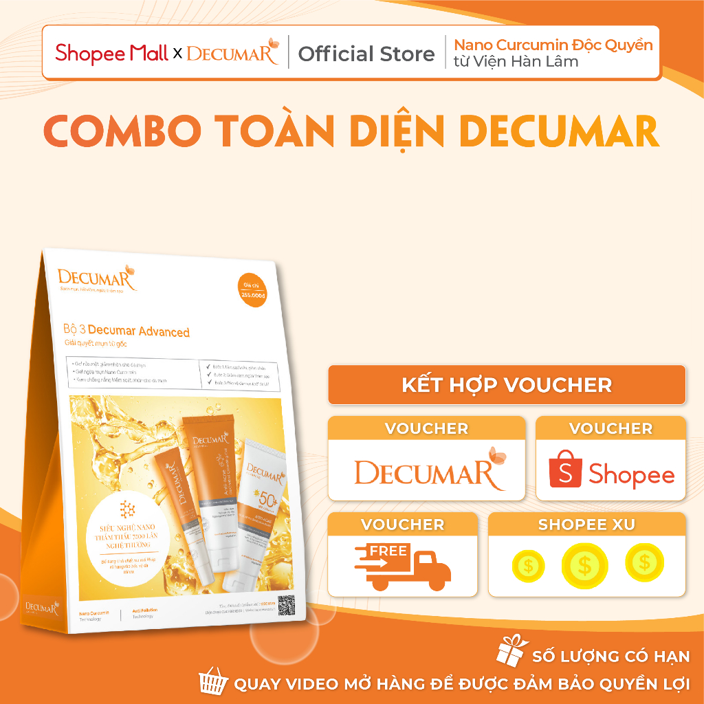 Combo Decumar Advanced gồm 1 Gel ngừa mụn, 01 Gel rửa mặt, 01 kem chống nắng giành cho da mụn hoàn toàn mới