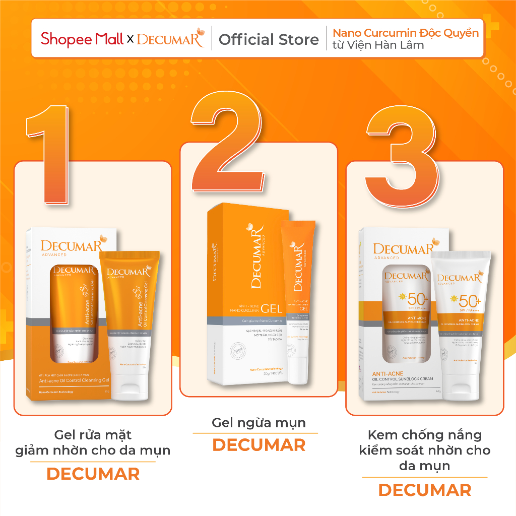 Combo Decumar Advanced gồm 1 Gel ngừa mụn, 01 Gel rửa mặt, 01 kem chống nắng giành cho da mụn hoàn toàn mới