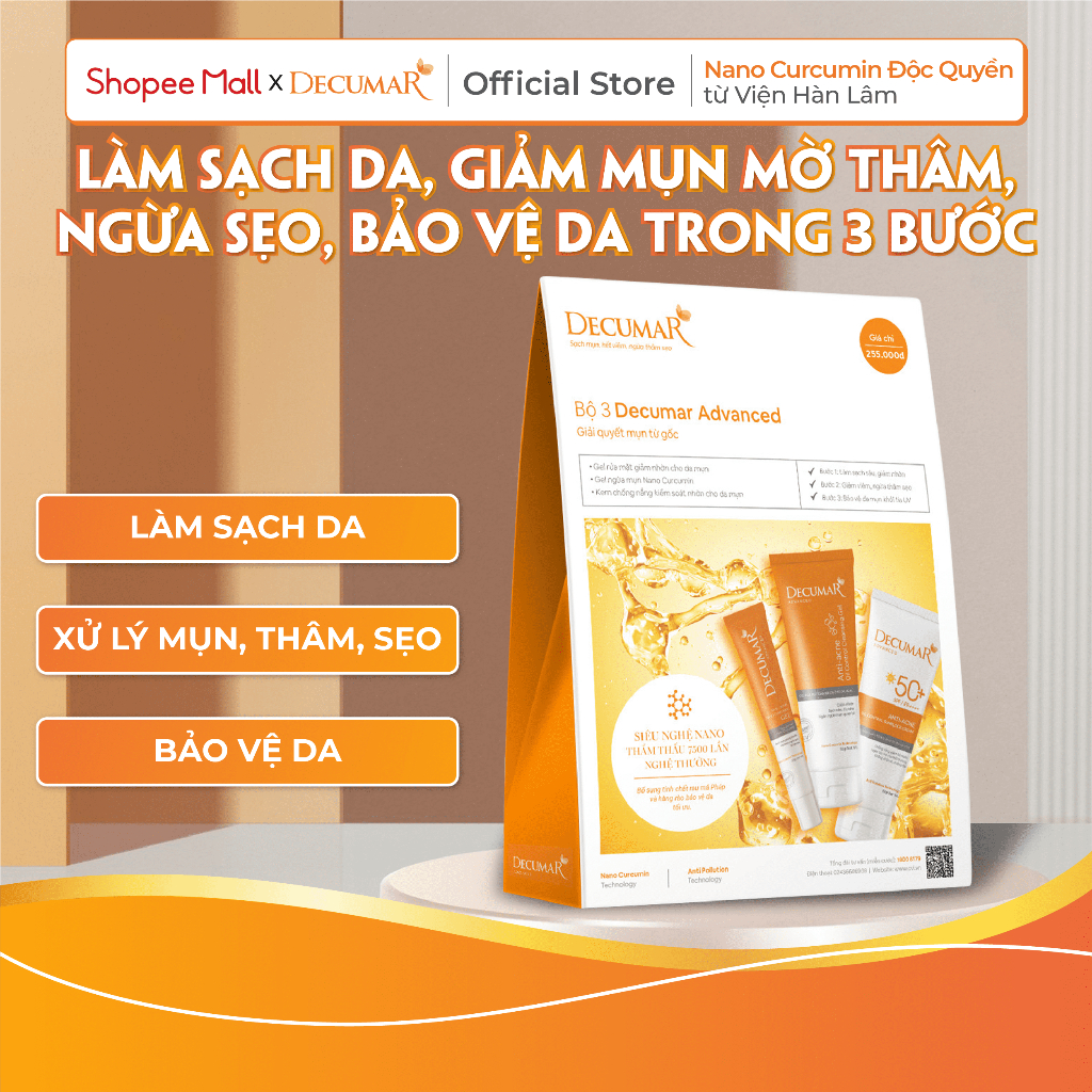 Combo Decumar Advanced gồm 1 Gel ngừa mụn, 01 Gel rửa mặt, 01 kem chống nắng giành cho da mụn hoàn toàn mới