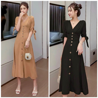 Đầm cổ V nhúng ngực tay nơ 2 màu