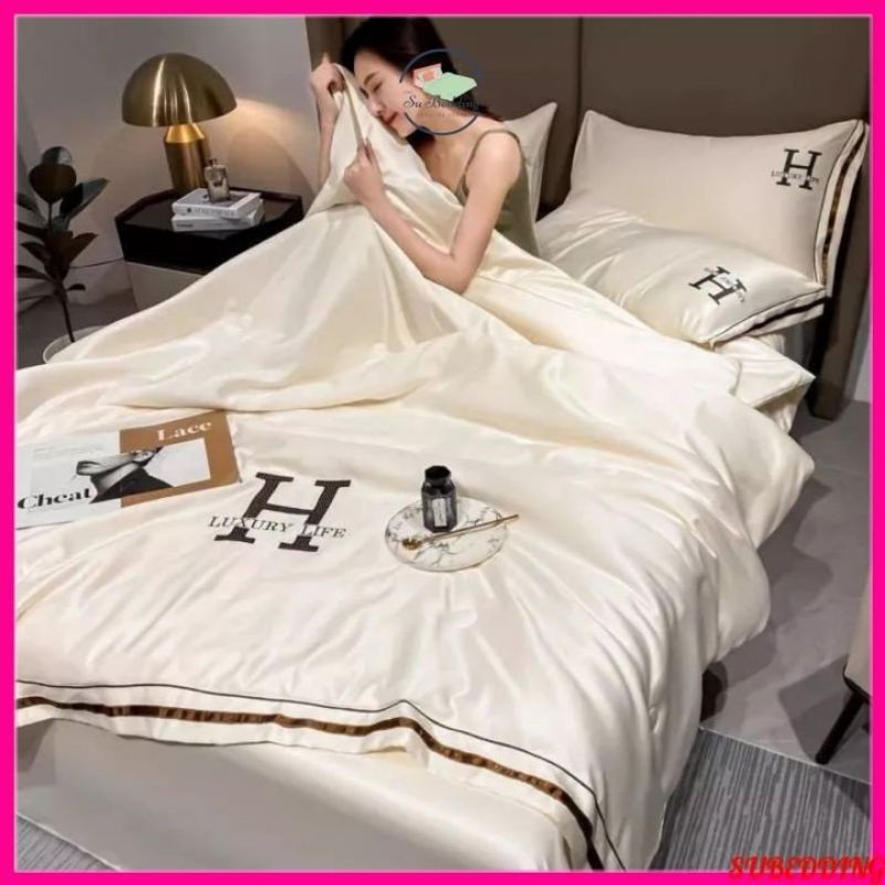 Bộ chăn ga gối phi lụa chăn trần thêu chữ H Luxury 4 món nhập khẩu cao cấp chất mềm mịn thoáng mát sang trọng đủ size