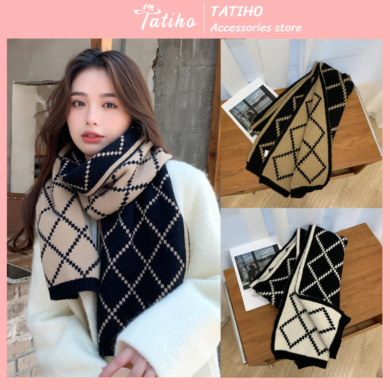 Khăn Cashmere Len Quàng Cổ Unisex Họa Tiết Hình Thoi Chất Len Dày Thời Trang Thu Đông - 35x180cm - Tatiho - Mã KLN12