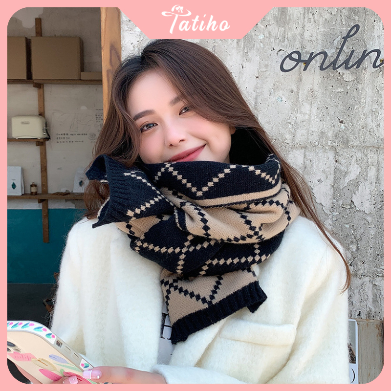 Khăn Cashmere Len Quàng Cổ Unisex Họa Tiết Hình Thoi Chất Len Dày Thời Trang Thu Đông - 35x180cm - Tatiho - Mã KLN12