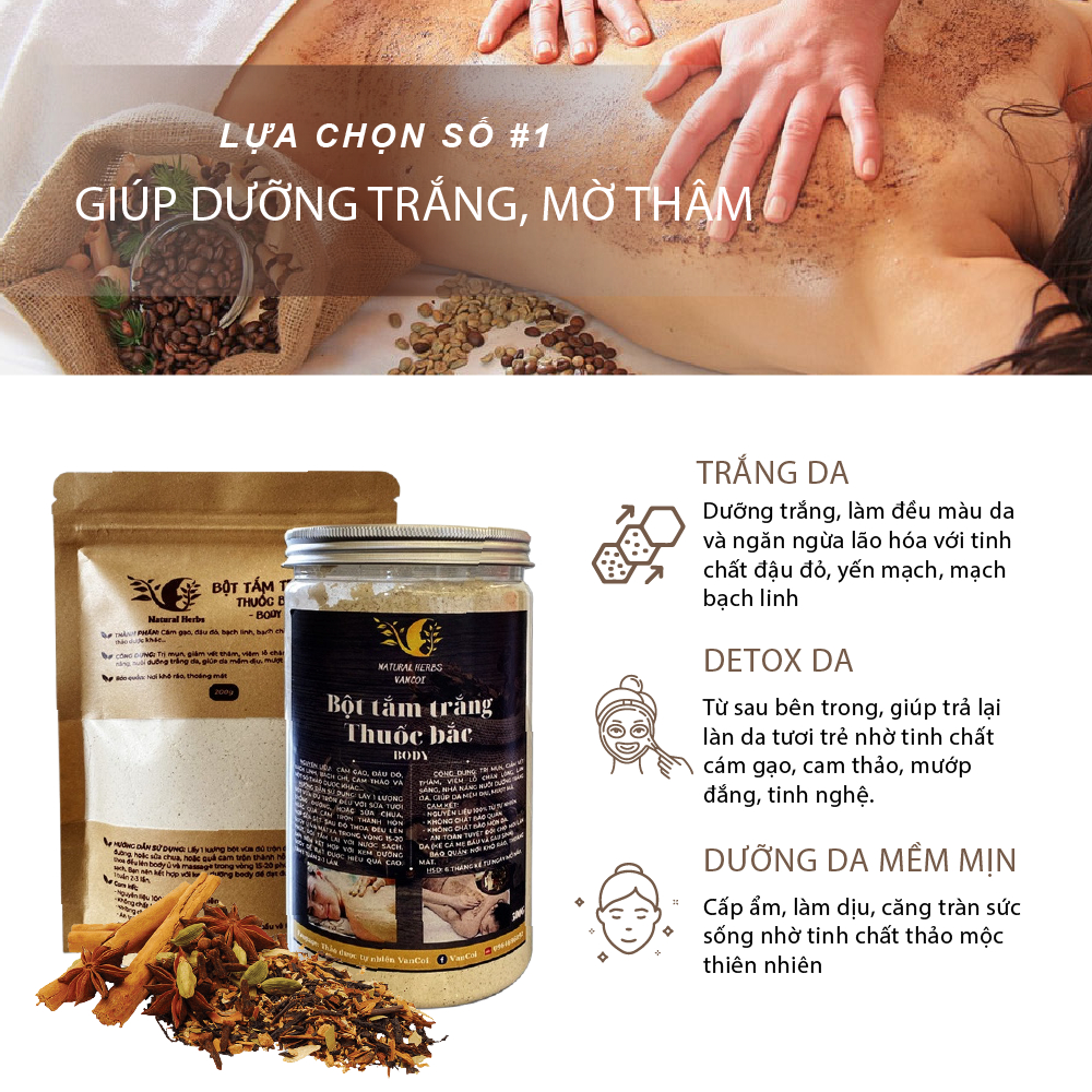 Tắm trắng [COMBO] Bột tắm trắng thuốc bắc 500g + Tẩy da chết body tinh chất cám gạo - cafe - dừa 100g VanCoi