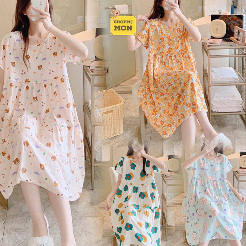 Váy Mặc Nhà, Đầm Ngủ Chất Vải Lanh Nhẹ Mát Kiểu Babydoll Tay Ngắn ( Bầu To Mặc Được)