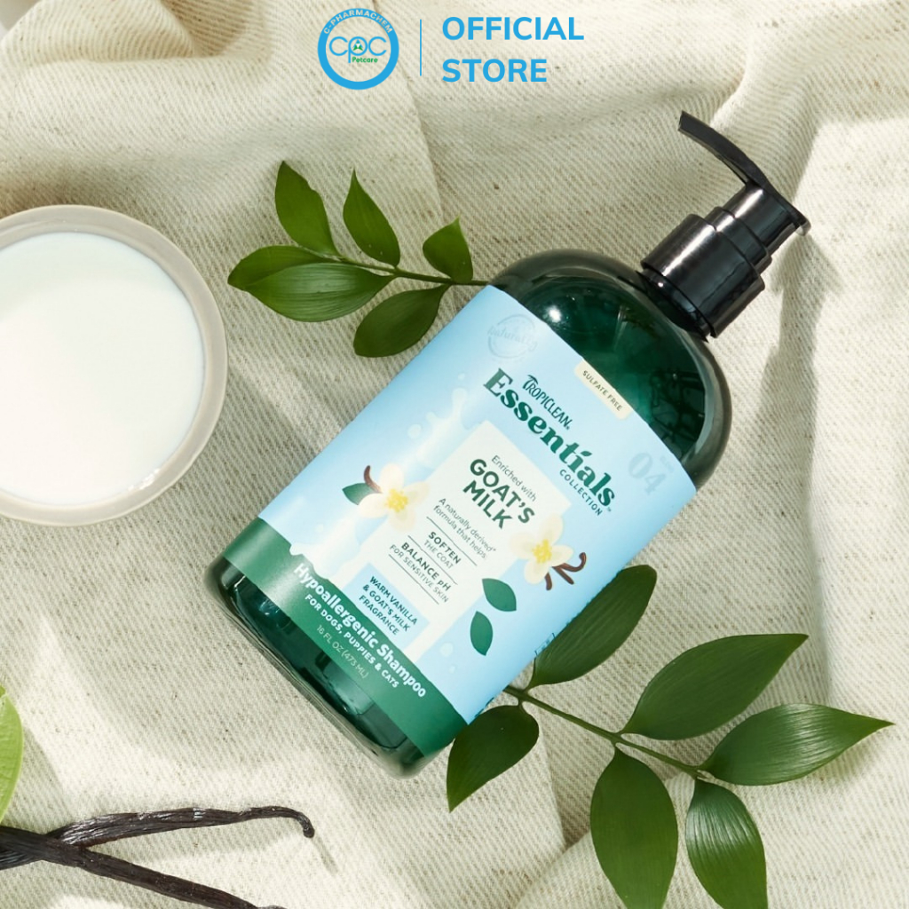 Dầu gội Tropiclean Essentials chiết xuất từ Sữa Dê dành cho chó, chó con, mèo, da nhạy cảm 473ml